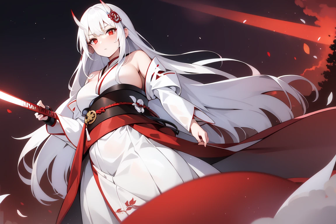 1girl, white hairs, red eyes, white-red  kimono, long hair, katana, massive breasts, mature, Oni, armored skirt, lake, night, red fabric around neck