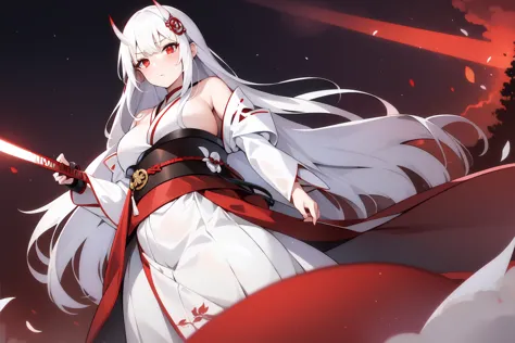 1girl, white hairs, red eyes, white-red  kimono, long hair, katana, massive breasts, mature, Oni, armored skirt, lake, night, re...