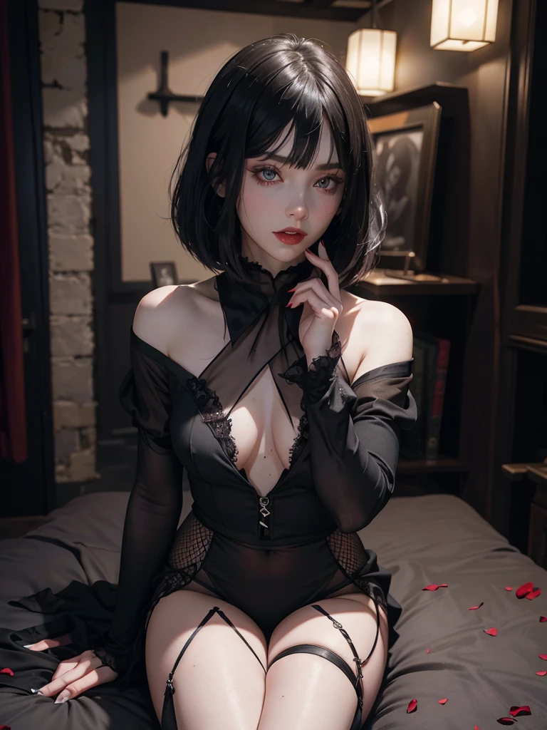 (best quality,highres),(realistic:1.37),dark,goth,woman, eyes,detailed face,black clothes,bobcut black hair,straight bangs,pale skin,red lipstick,intense expression,mysterious atmosphere,gothic background,dim lighting,night,vivid colors, fishnets, topless, fullbody, on her hands and knees, submissive girl, thick thigs, imminent deepthroat, cumshot pose,