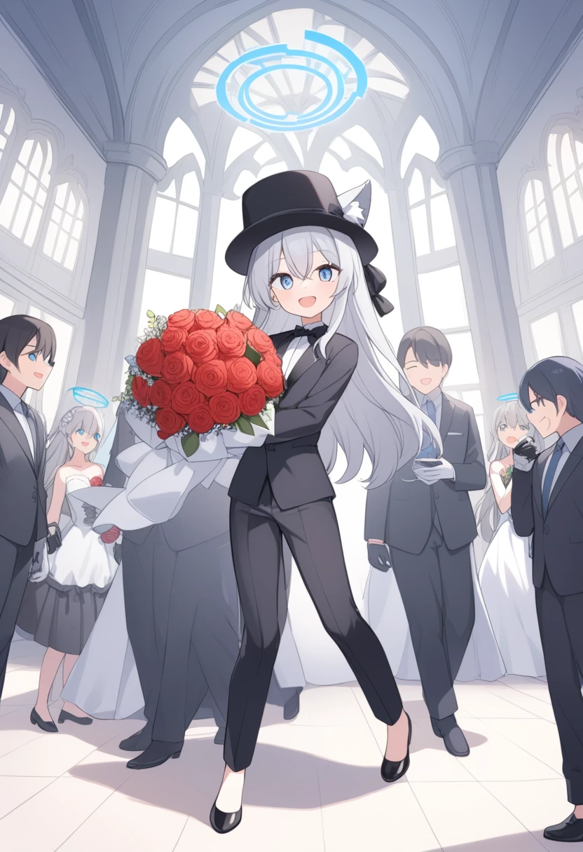 girl，Silver long hair, blue eyes, Wear a black suit,Black Hat，With black bow, White gloves, and black pants, In the wedding hall，blue halo，Gray wolf ears，Happy expression，Holding a bouquet of red flowers，Black leather shoes，Solitary