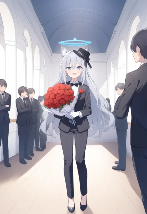 girl，silver long hair, blue eyes, wear a black suit,black hat，with black bow, white gloves, and black pants, in the wedding hall...