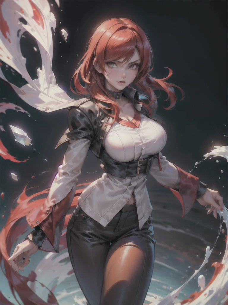 30-year-old woman, alone, alone, athletic, sensual, big breasts, red nails, long pixies, semi-short red hair, wears brown pants, white shirt, open black jacket, video game character, The King of Fighters, Iori Yagami, blue fire, cinematic, ultra-sharp focus, award-winning photography, perfect contrast, High sharpness, depth of field, ultra-detailed photography, global illumination, fluid, ultra-high definition, 8k, Unreal Engine 5, ultra-sharp focus, award-winning photography, trends art stations