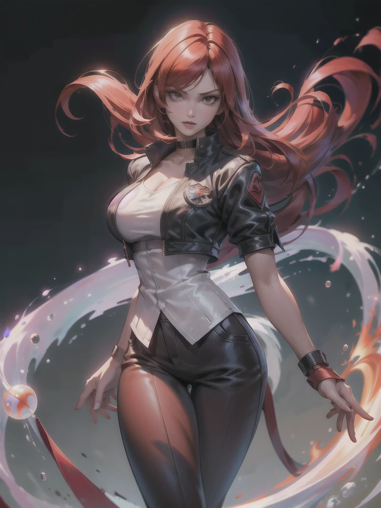 30-year-old woman, alone, alone, athletic, sensual, big breasts, red nails, long pixies, semi-short red hair, wears brown pants, white shirt, open black jacket, video game character, The King of Fighters, Iori Yagami, blue fire, cinematic, ultra-sharp focus, award-winning photography, perfect contrast, High sharpness, depth of field, ultra-detailed photography, global illumination, fluid, ultra-high definition, 8k, Unreal Engine 5, ultra-sharp focus, award-winning photography, trends art stations