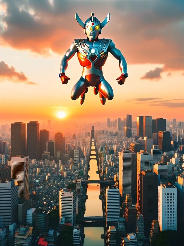 A large, flat UFO flies over the skyscrapers of Tokyo at sunset. Ultraman Taro is hanging dead from a rope lowered from the bottom. His head is tilted, he is urinating, drooling, his eyes are black, and he is dead. His body is hanging limply and thin.