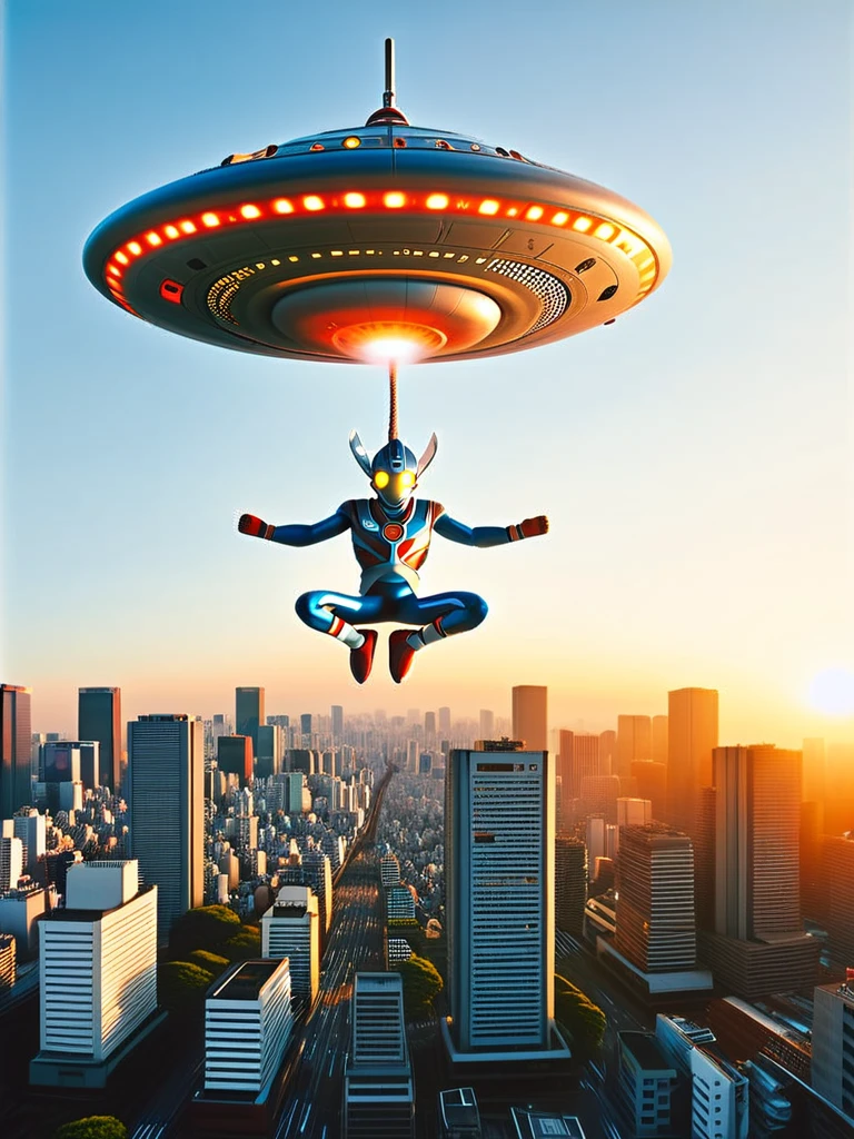 A large, flat UFO flies over the skyscrapers of Tokyo at sunset. Ultraman Taro is hanging dead from a rope lowered from the bottom. His head is tilted, he is urinating, drooling, his eyes are black, and he is dead. His body is hanging limply and thin.