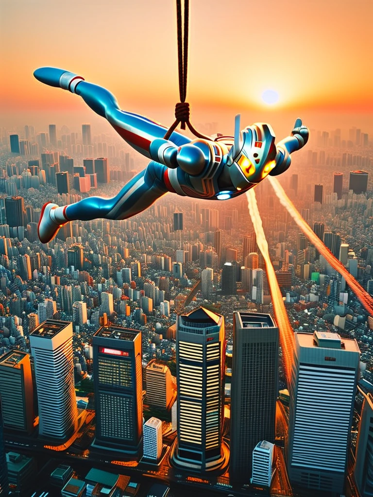 A large, flat UFO flies over the skyscrapers of Tokyo at sunset. Ultraman Taro is hanging dead from a rope lowered from the bottom. His head is tilted, he is urinating, drooling, his eyes are black, and he is dead. His body is hanging limply and thin.