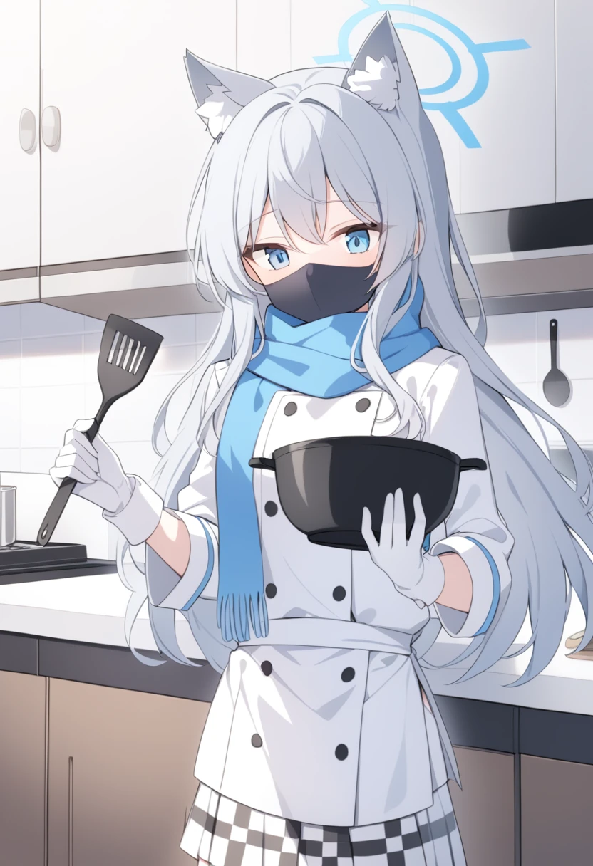 girl，Silver long hair, blue eyes, Put on chef uniform,Wearing a black mask，A sky blue scarf, White gloves, and white plaid skirt, in the kitchen，blue halo，Chef Hat，Gray wolf ears，Take a spatula，Holding the pot