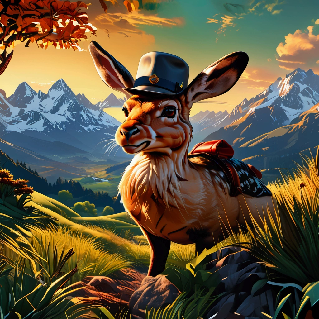 A detailed, hyperrealistic 4K representation of a Bavarian Wilpertinger from a duck, A rabbit, and a deer, with Tyrolean hat, with sharp edges, in a mountain landscape in the background for print on demand in comic style 