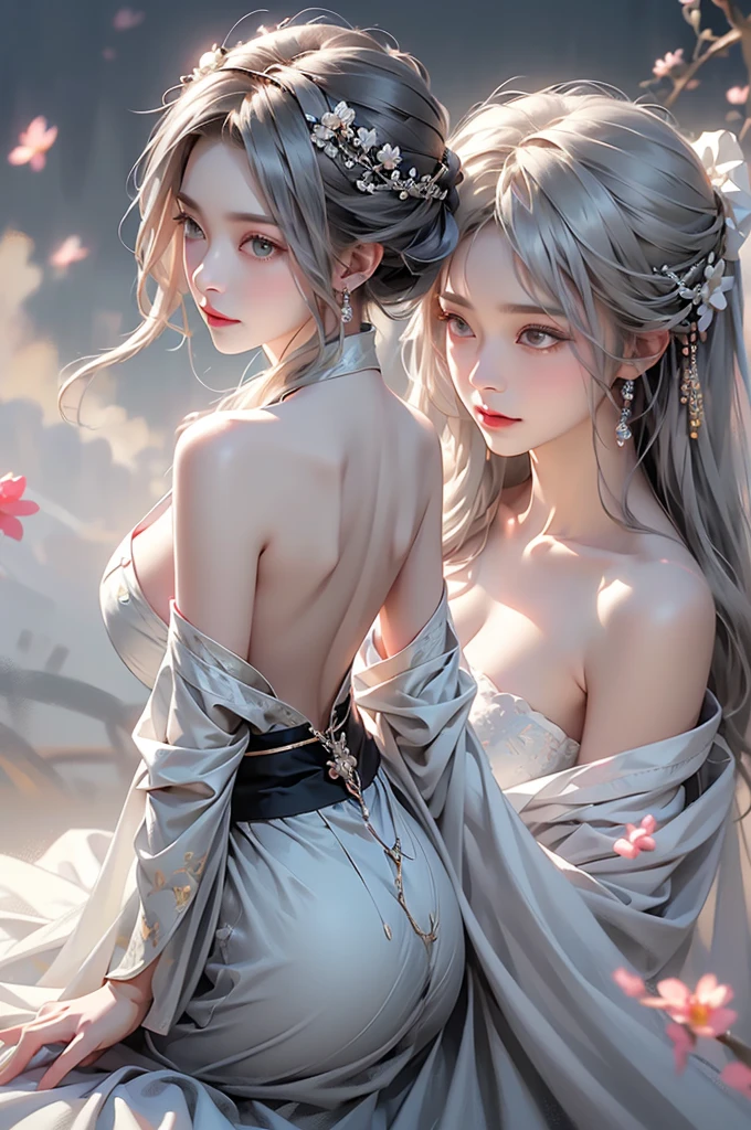 ((Above the knees image:1.3))super high quality, masterpiece, Perfect illustration, Very detailed (Exquisite light and shadow, Very dramatic photo,Backlight) , ((Gray Hair:1.5))1 Girl,(( alone:1.6)), (Wearing Han clothes, Black Hanfu,Monotony,Long sleeve、Gorgeous costumes、Highly decorated Hanfu) Flower Field, Flowers, (White smoke:1.3) (Realistic:1.4), Zen Intertwining, Tangled, Official Art, unity 8k wallpaper, Very detailed, Beautiful and beautiful, masterpiece, Highest quality, (Dynamic Angle: 1.4), Glowing Skin, (Floating colorful flashes: 1) The most beautiful chaotic shapes, elegant, Brutalist Design, Bright colors, Romantic Depth of Field Exotic_dance, half_naked、Expose your shoulders、Ample breasts、Great cleavage、Dynamic pose、Backlight,((from back side))
