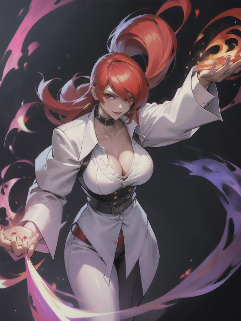 30-year-old woman, alone, alone, athletic, sensual, big breasts, red nails, long pixies, semi-short red hair, wears brown pants, white shirt, open black jacket, video game character, The King of Fighters, Iori Yagami, blue fire, cinematic, ultra-sharp focus, award-winning photography, perfect contrast, High sharpness, depth of field, ultra-detailed photography, global illumination, fluid, ultra-high definition, 8k, Unreal Engine 5, ultra-sharp focus, award-winning photography, trends art stations