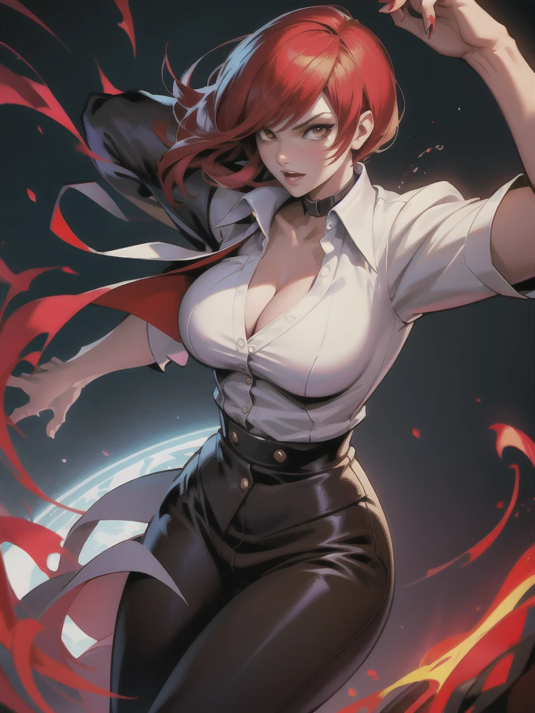 30-year-old woman, alone, alone, athletic, sensual, big breasts, red nails, long pixies, semi-short red hair, wears brown pants, white shirt, open black jacket, video game character, The King of Fighters, Iori Yagami, blue fire, cinematic, ultra-sharp focus, award-winning photography, perfect contrast, High sharpness, depth of field, ultra-detailed photography, global illumination, fluid, ultra-high definition, 8k, Unreal Engine 5, ultra-sharp focus, award-winning photography, trends art stations