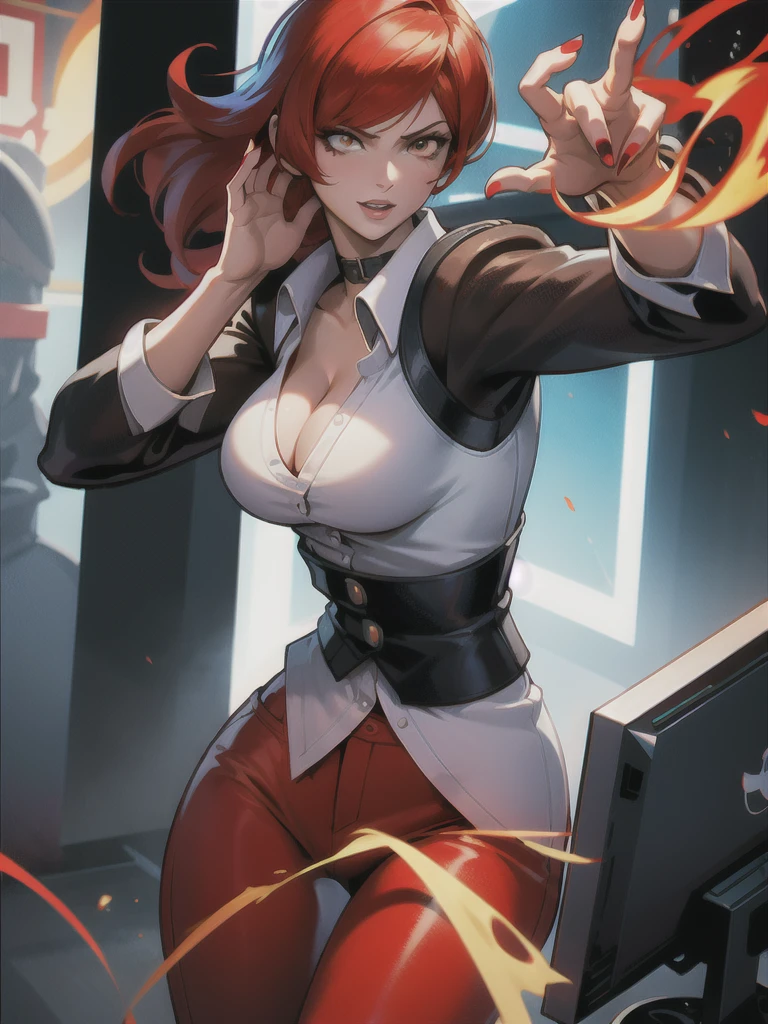 30-year-old woman, alone, alone, athletic, sensual, big breasts, red nails, long pixies, semi-short red hair, wears brown pants, white shirt, open black jacket, video game character, The King of Fighters, Iori Yagami, blue fire, cinematic, ultra-sharp focus, award-winning photography, perfect contrast, High sharpness, depth of field, ultra-detailed photography, global illumination, fluid, ultra-high definition, 8k, Unreal Engine 5, ultra-sharp focus, award-winning photography, trends art stations