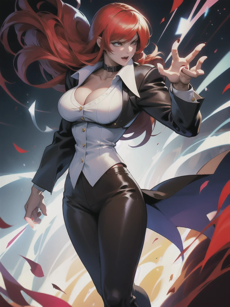 30-year-old woman, alone, alone, athletic, sensual, big breasts, red nails, long pixies, semi-short red hair, wears brown pants, white shirt, open black jacket, video game character, The King of Fighters, Iori Yagami, blue fire, cinematic, ultra-sharp focus, award-winning photography, perfect contrast, High sharpness, depth of field, ultra-detailed photography, global illumination, fluid, ultra-high definition, 8k, Unreal Engine 5, ultra-sharp focus, award-winning photography, trends art stations