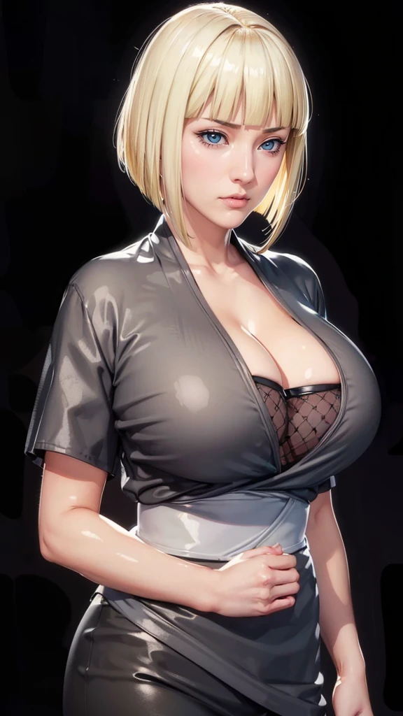 (（（Perfect body,White and tender skin,（（（BLACK KIMONO, CLEAVAGE, VAMBRACES,）））,（（（Samui, Blue eyes, blonde hair, short hair, bangs, blunt bangs,）））,((masterpiece)),high resolution, ((Best quality at best)),masterpiece,quality,Best quality,（（（ Exquisite facial features,Looking at the audience,There is light in the eyes,blush,Happy,lol）））,Look up at the sky，Raise a hand，From below）））,（（（Light and shadow,Huge breasts）））,（（（Looking at the camera,black background,)））),