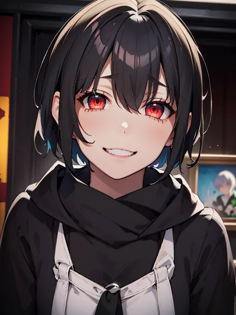 a young man with short black hair below his ears, red eyes, black clothes and looking straight ahead with a wide smile, happy to...