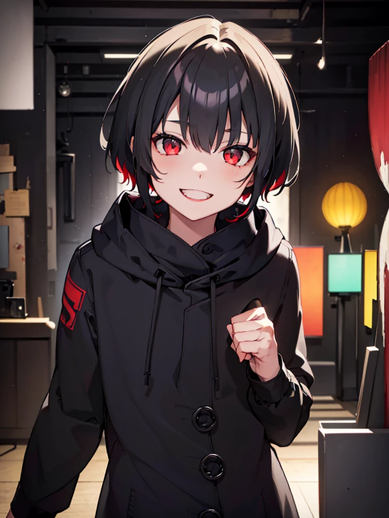 A young man with short black hair below his ears, red eyes, black clothes and looking straight ahead with a wide smile, happy to see the love of his life (Neutral colors: 1.2), (HDR: 1.4), (Soft colors:1.2), hyperdetailed, (art station:1.4), cinematographic, warm lights, dramatic light, (intricate details:1.1), complex background, (rutkowski:0.66), (blue and orange:0.4)