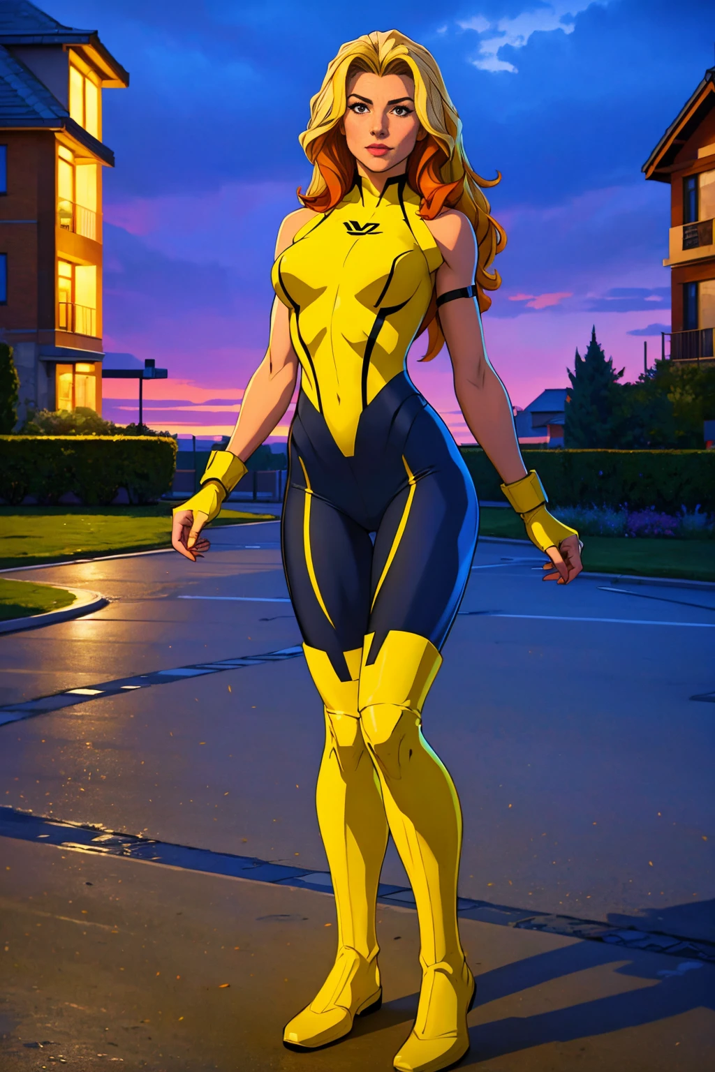 ((Full body shot, standing, feet on the ground)) Rogue, X-Men, (best quality, 4k, 8k, high resolution, cyclist body, masterpiece: 1.2), ultra-detailed, (realistic, photorealistic, photorealistic: 1.37), full body photo, yellow high boots, voluminous hair, beauty pose, standing, show feet, outside, city roof at night, green bandana
