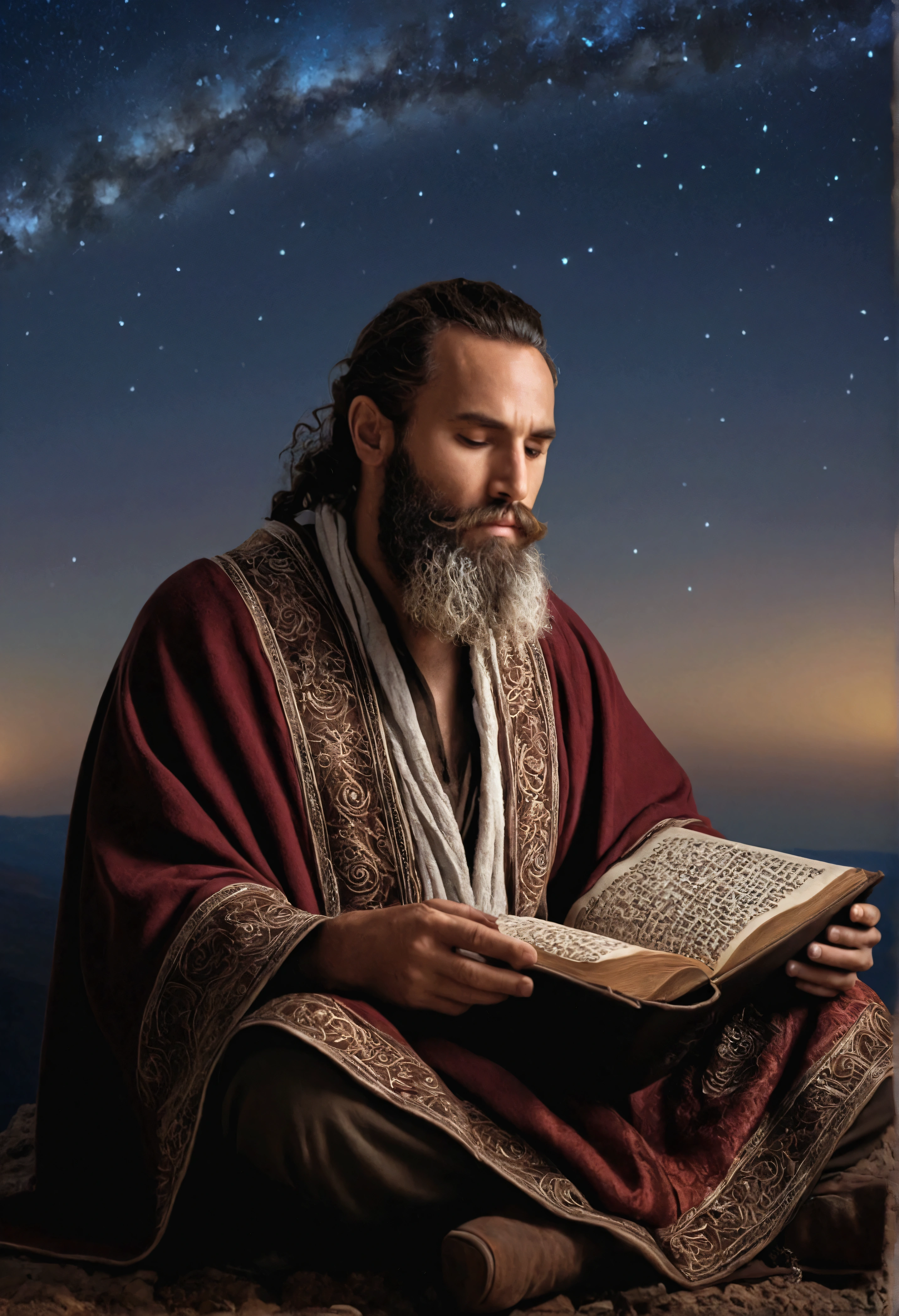 intricate detailed portrait of a Hebrew man, sitting on a mountain, reading an ancient scroll, under a starry night sky, cinematic lighting, chiaroscuro lighting, dramatic moody lighting, highly detailed facial features, expressive eyes, beard, ornate robes, detailed textures, intricate folds, studio lighting, 8k, photorealistic, hyperrealistic, masterpiece, hyper detailed