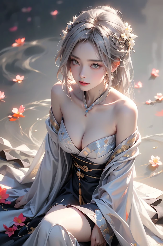 ((Above the knees image:1.3))super high quality, masterpiece, Perfect illustration, Very detailed (Exquisite light and shadow, Very dramatic photo,Backlight) , ((Gray Hair:1.5))1 Girl,(( alone:1.6)), (Wearing Han clothes, Black Hanfu,Monotony,Long sleeve、Gorgeous costumes、Highly decorated Hanfu) Flower Field, Flowers, (White smoke:1.3) (Realistic:1.4), Zen Intertwining, Tangled, Official Art, unity 8k wallpaper, Very detailed, Beautiful and beautiful, masterpiece, Highest quality, (Dynamic Angle: 1.4), Glowing Skin, (Floating colorful flashes: 1) The most beautiful chaotic shapes, elegant, Brutalist Design, Bright colors, Romantic Depth of Field Exotic_dance, half_naked、Expose your shoulders、Ample breasts、Great cleavage、Dynamic pose、Backlight,
