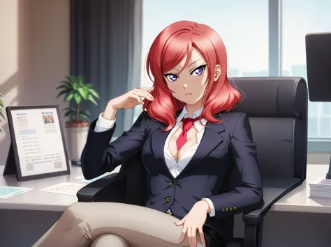 masterpiece, best quality, cowboy shot, nishikino maki,red hair, purple eyes, black formal suit, pants, sitting , crossed legs ,...