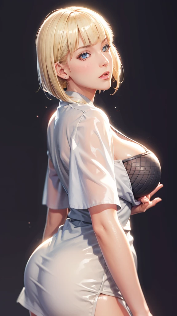 (（（Perfect body,White and tender skin,（（（BLACK KIMONO, CLEAVAGE, VAMBRACES,）））,（（（Samui, Blue eyes, blonde hair, short hair, bangs, blunt bangs,）））,((masterpiece)),high resolution, ((Best quality at best)),masterpiece,quality,Best quality,（（（ Exquisite facial features,Looking at the audience,There is light in the eyes,blush,Happy,lol）））,Look up at the sky，From the back）））,（（（Light and shadow,Huge breasts，Plump buttocks）））,（（（Looking at the camera,black background,)））),