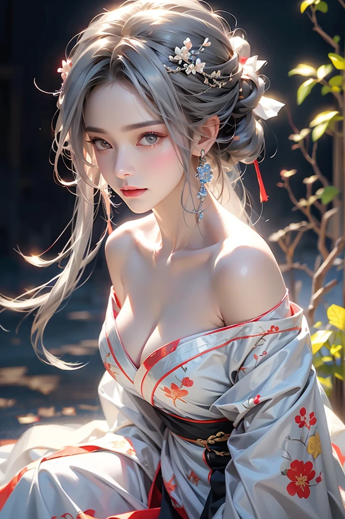 ((Above the knees image:1.3、stand))super high quality, masterpiece, Perfect illustration, Very detailed (Exquisite light and shadow, Very dramatic photo,Backlight) , ((Gray Hair:1.5))1 Girl,(( alone:1.6)), (Wearing Han clothes, Black Hanfu,Monotony,Long sleeve、Gorgeous costumes、Highly decorated Hanfu) Flower Field, Flowers, (White smoke:1.3) (Realistic:1.4), Zen Intertwining, Tangled, Official Art, unity 8k wallpaper, Very detailed, Beautiful and beautiful, masterpiece, Highest quality, (Dynamic Angle: 1.4), Glowing Skin, (Floating colorful flashes: 1) The most beautiful chaotic shapes, elegant, Brutalist Design, Bright colors, Romantic Depth of Field Exotic_dance, half_naked、Expose your shoulders、Ample breasts、Great cleavage、Dynamic pose、Backlight,
