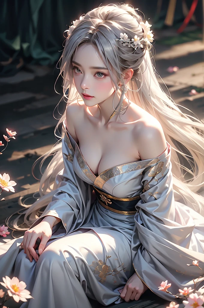 ((Above the knees image:1.3、stand))super high quality, masterpiece, Perfect illustration, Very detailed (Exquisite light and shadow, Very dramatic photo,Backlight) , ((Gray Hair:1.5))1 Girl,(( alone:1.6)), (Wearing Han clothes, Black Hanfu,Monotony,Long sleeve、Gorgeous costumes、Highly decorated Hanfu) Flower Field, Flowers, (White smoke:1.3) (Realistic:1.4), Zen Intertwining, Tangled, Official Art, unity 8k wallpaper, Very detailed, Beautiful and beautiful, masterpiece, Highest quality, (Dynamic Angle: 1.4), Glowing Skin, (Floating colorful flashes: 1) The most beautiful chaotic shapes, elegant, Brutalist Design, Bright colors, Romantic Depth of Field Exotic_dance, half_naked、Expose your shoulders、Ample breasts、Great cleavage、Dynamic pose、Backlight,
