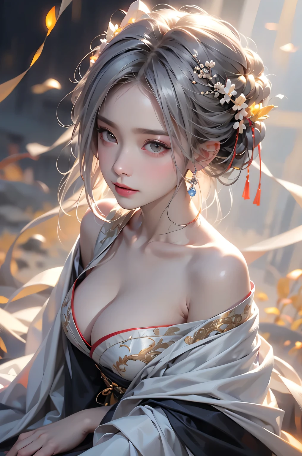 ((Above the knees image:1.3、stand))super high quality, masterpiece, Perfect illustration, Very detailed (Exquisite light and shadow, Very dramatic photo,Backlight) , ((Gray Hair:1.5))1 Girl,(( alone:1.6)), (Wearing Han clothes, Black Hanfu,Monotony,Long sleeve、Gorgeous costumes、Highly decorated Hanfu) Flower Field, Flowers, (White smoke:1.3) (Realistic:1.4), Zen Intertwining, Tangled, Official Art, unity 8k wallpaper, Very detailed, Beautiful and beautiful, masterpiece, Highest quality, (Dynamic Angle: 1.4), Glowing Skin, (Floating colorful flashes: 1) The most beautiful chaotic shapes, elegant, Brutalist Design, Bright colors, Romantic Depth of Field Exotic_dance, half_naked、Expose your shoulders、Ample breasts、Great cleavage、Dynamic pose、Backlight,
