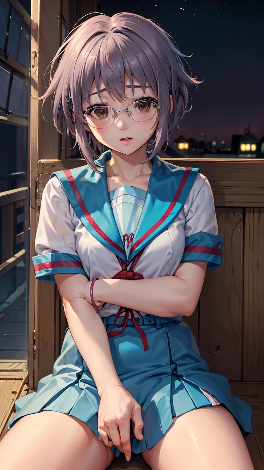 Highest quality,Very detailed,masterpiece,Realistic,Photorealistic,Japan Night、Old Town Square、Glasses, A very beautiful 13 year old girl, (cute:1.2),Expressionless、(Brown eyes),Perfect glowing skin,((erotic,Sexy and sexually explicit)),(Nagato-yuki), small poor breasts,Small breasts 、Grab your chest with both hands、Narrow waist, Looking at the audience,((Sailor suit)),((Short sleeve uniform white shirt)),(Blue tie),(Blue mini pleated skirt),(((The back of the skirt))),(((Lift it yourself))),(Lift your legs yourself)、genital、Spreads across the entire foot, (Loafer shoes),  (No pants:1.2), (View from below:1.3),
 Flat Chest, blush, Embarrassing, Expressionless, Spread your legs、((No pants)), ダイナミックなSpread your legsポーズ, Thighs 、Shin、Thighs, short hair, Thighs Thighs Thighs,belly button, Thighs, 白いThighs, Cleavage, ((Spread your legs wide:1.4)), Cleavage、Outdoor, Night walk、