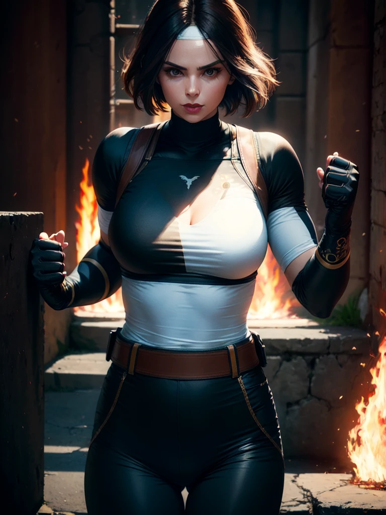 30-year-old woman, alone, alone, athletic, dark hair, white band on her forehead, white top, open black jacket, black pants, thin brown belt, wears black exercise gloves that cover almost her entire forearm, serious look looking at viewer, fire coming out of his hand, cinematic, ultra sharp focus, award winning photography, perfect contrast, high sharpness, depth of field, ultra detailed photography, global illumination, fluid, ultra high definition, 8k, Unreal Engine 5, ultra sharp focus , award-winning photography, art season trends,
