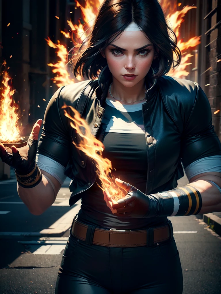 30-year-old woman, alone, alone, athletic, dark hair, white band on her forehead, white top, open black jacket, black pants, thin brown belt, wears black exercise gloves that cover almost her entire forearm, serious look looking at viewer, fire coming out of his hand, cinematic, ultra sharp focus, award winning photography, perfect contrast, high sharpness, depth of field, ultra detailed photography, global illumination, fluid, ultra high definition, 8k, Unreal Engine 5, ultra sharp focus , award-winning photography, art season trends,
