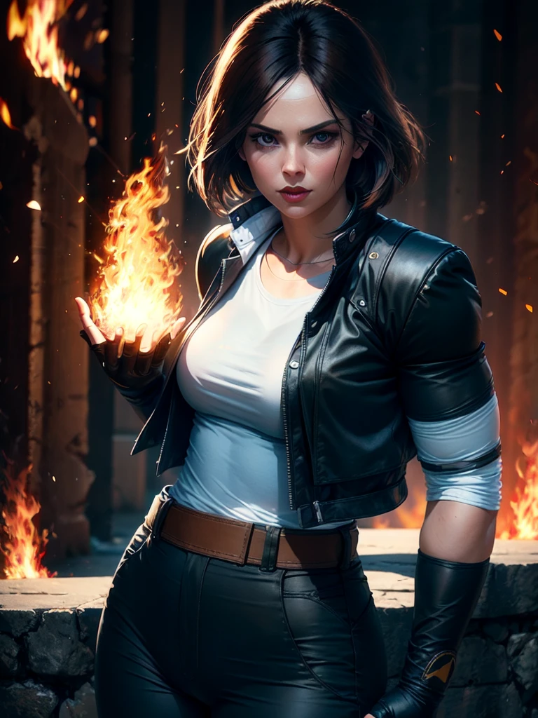 30-year-old woman, alone, alone, athletic, dark hair, white band on her forehead, white shirt, open black jacket, black pants, thin brown belt, wears black fingerless gloves that cover almost her entire forearm, gaze serious looking at viewer, fire coming out of her hand, cinematic, ultra sharp focus, award winning photography, perfect contrast, high sharpness, depth of field, ultra detailed photography, global illumination, fluid, ultra high definition, 8k, Unreal Engine 5, focus ultra-sharp, award-winning photography, art season trends,
