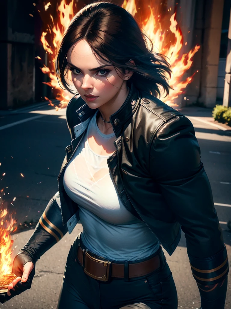 30-year-old woman, alone, alone, athletic, dark hair, white band on her forehead, white shirt, open black jacket, black pants, thin brown belt, wears black fingerless gloves that cover almost her entire forearm, gaze serious looking at viewer, fire coming out of her hand, cinematic, ultra sharp focus, award winning photography, perfect contrast, high sharpness, depth of field, ultra detailed photography, global illumination, fluid, ultra high definition, 8k, Unreal Engine 5, focus ultra-sharp, award-winning photography, art season trends,
