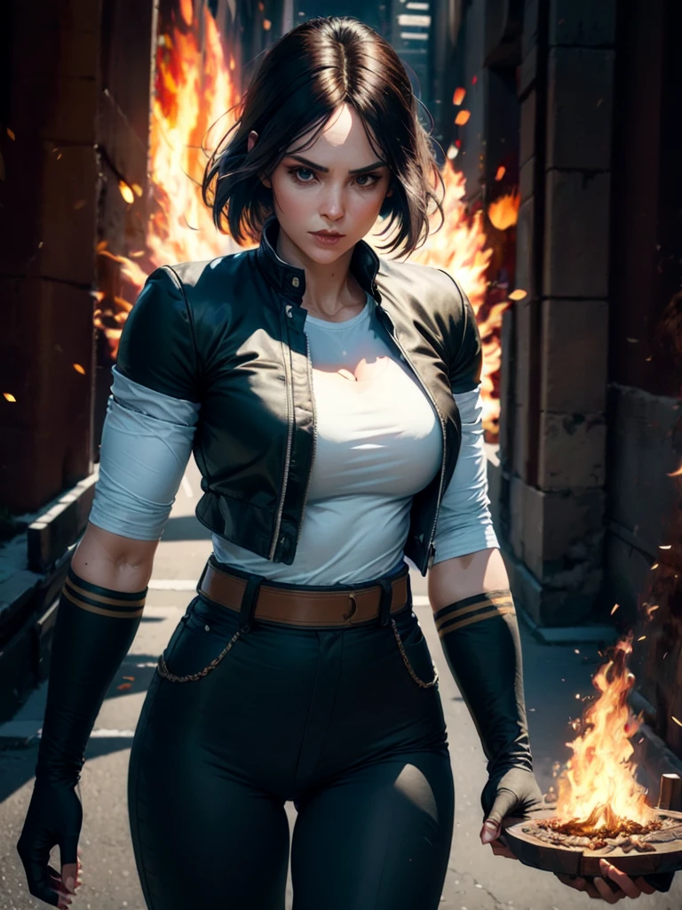 30-year-old woman, alone, alone, athletic, dark hair, white band on her forehead, white shirt, open black jacket, black pants, thin brown belt, wears black fingerless gloves that cover almost her entire forearm, gaze serious looking at viewer, fire coming out of her hand, cinematic, ultra sharp focus, award winning photography, perfect contrast, high sharpness, depth of field, ultra detailed photography, global illumination, fluid, ultra high definition, 8k, Unreal Engine 5, focus ultra-sharp, award-winning photography, art season trends,
