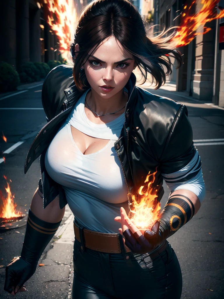 30-year-old woman, alone, alone, athletic, dark hair, white band on her forehead, white shirt, open black jacket, black pants, thin brown belt, wears black fingerless gloves that cover almost her entire forearm, gaze serious looking at viewer, fire coming out of her hand, cinematic, ultra sharp focus, award winning photography, perfect contrast, high sharpness, depth of field, ultra detailed photography, global illumination, fluid, ultra high definition, 8k, Unreal Engine 5, focus ultra-sharp, award-winning photography, art season trends,
