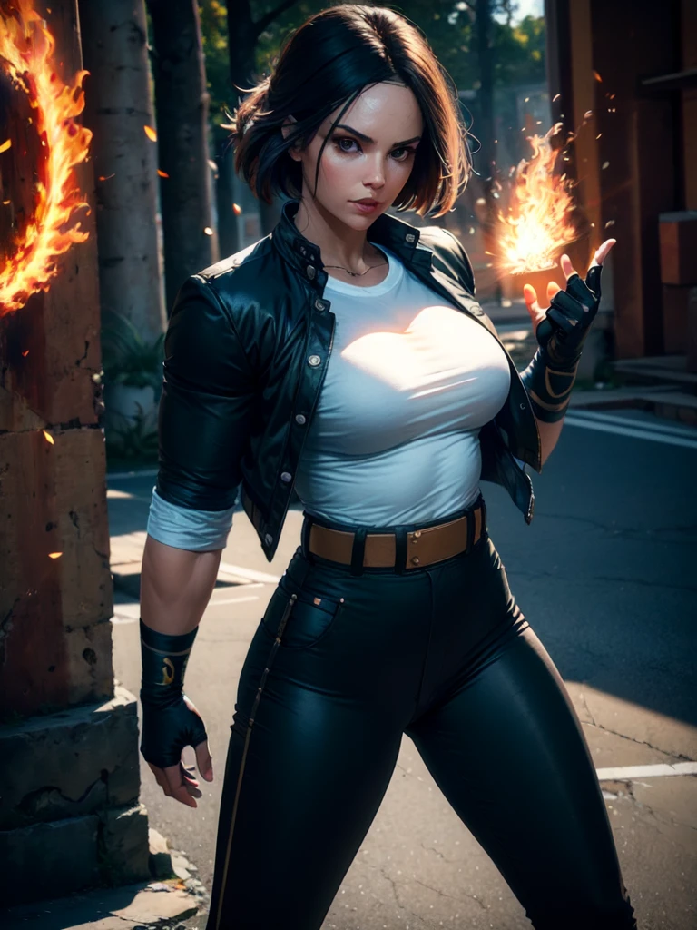 30-year-old woman, alone, alone, athletic, dark hair, white band on her forehead, white shirt, open black jacket, black pants, thin brown belt, wears black fingerless gloves that cover almost her entire forearm, gaze serious looking at viewer, fire coming out of her hand, cinematic, ultra sharp focus, award winning photography, perfect contrast, high sharpness, depth of field, ultra detailed photography, global illumination, fluid, ultra high definition, 8k, Unreal Engine 5, focus ultra-sharp, award-winning photography, art season trends,
