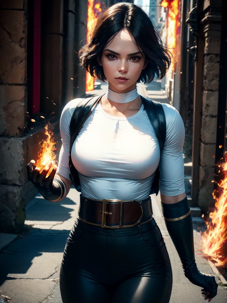 30-year-old woman, alone, alone, athletic, dark hair, white band on her forehead, white shirt, open black jacket, black pants, thin brown belt, wears black fingerless gloves that cover almost her entire forearm, gaze serious looking at viewer, fire coming out of her hand, cinematic, ultra sharp focus, award winning photography, perfect contrast, high sharpness, depth of field, ultra detailed photography, global illumination, fluid, ultra high definition, 8k, Unreal Engine 5, focus ultra-sharp, award-winning photography, art season trends,
