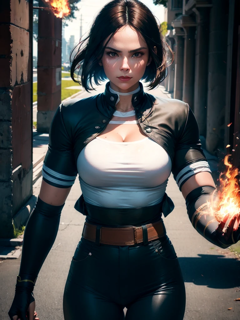 30-year-old woman, alone, alone, athletic, dark hair, white band on her forehead, white shirt, open black jacket, black pants, thin brown belt, wears black fingerless gloves that cover almost her entire forearm, gaze serious looking at viewer, fire coming out of her hand, cinematic, ultra sharp focus, award winning photography, perfect contrast, high sharpness, depth of field, ultra detailed photography, global illumination, fluid, ultra high definition, 8k, Unreal Engine 5, focus ultra-sharp, award-winning photography, art season trends,
