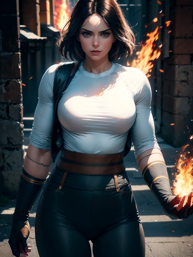 30-year-old woman, alone, alone, athletic, dark hair, white band on her forehead, white shirt, open black jacket, black pants, thin brown belt, wears black fingerless gloves that cover almost her entire forearm, gaze serious looking at viewer, fire coming out of her hand, cinematic, ultra sharp focus, award winning photography, perfect contrast, high sharpness, depth of field, ultra detailed photography, global illumination, fluid, ultra high definition, 8k, Unreal Engine 5, focus ultra-sharp, award-winning photography, art season trends,
