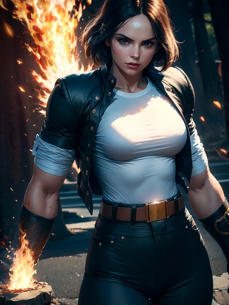 30-year-old woman, alone, alone, athletic, dark hair, white band on her forehead, white shirt, open black jacket, black hip-length pants, thin brown belt, wears black fingerless gloves that cover almost all of her forearm, serious look looking at viewer, fire coming out of his hand, cinematic, ultra sharp focus, award winning photography, perfect contrast, high sharpness, depth of field, ultra detailed photography, global illumination, fluid, ultra high definition, 8k, Unreal Engine 5, ultra-sharp focus, award-winning photography, art season trends,
