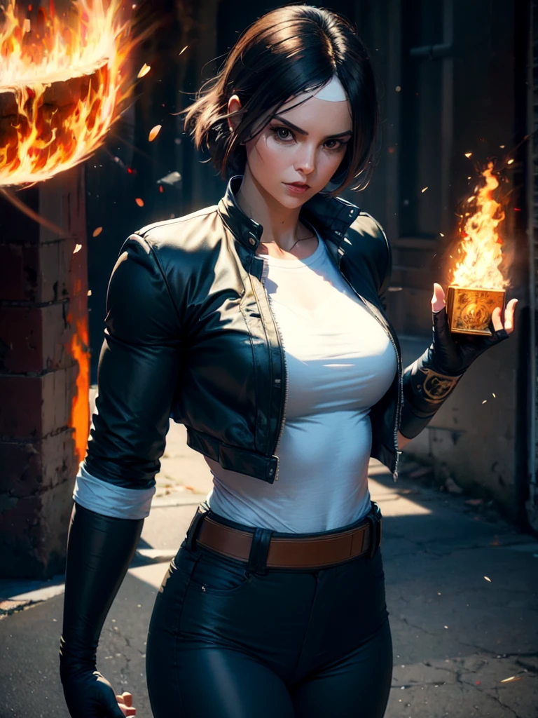 30-year-old woman, alone, alone, athletic, dark hair, white band on her forehead, white shirt, open black jacket, black hip-length pants, thin brown belt, wears black fingerless gloves that cover almost all of her forearm, serious look looking at viewer, fire coming out of his hand, cinematic, ultra sharp focus, award winning photography, perfect contrast, high sharpness, depth of field, ultra detailed photography, global illumination, fluid, ultra high definition, 8k, Unreal Engine 5, ultra-sharp focus, award-winning photography, art season trends,
