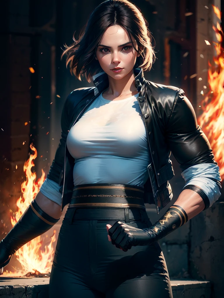 30-year-old woman, alone, alone, athletic, dark hair, white band on her forehead, white shirt, open black jacket, black hip-length pants, thin brown belt, wears black fingerless gloves that cover almost all of her forearm, serious look looking at viewer, fire coming out of his hand, cinematic, ultra sharp focus, award winning photography, perfect contrast, high sharpness, depth of field, ultra detailed photography, global illumination, fluid, ultra high definition, 8k, Unreal Engine 5, ultra-sharp focus, award-winning photography, art season trends,
