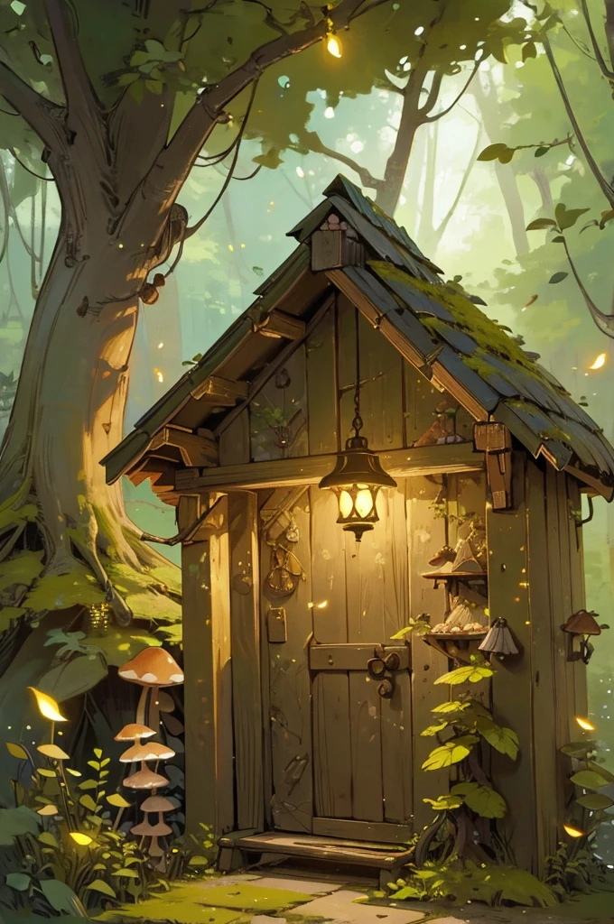 a beautiful rustic fairy door, intricate woodcarving, moss-covered, glowing mushrooms, fireflies, fairy lights, warm lighting, fantasy landscape, lush foliage, (best quality,4k,highres,masterpiece:1.2),ultra-detailed,concept art, vibrant colors, magical atmosphere