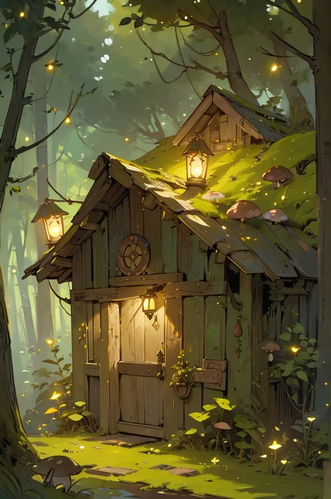 a beautiful rustic fairy door, intricate woodcarving, moss-covered, glowing mushrooms, fireflies, fairy lights, warm lighting, fantasy landscape, lush foliage, (best quality,4k,highres,masterpiece:1.2),ultra-detailed,concept art, vibrant colors, magical atmosphere