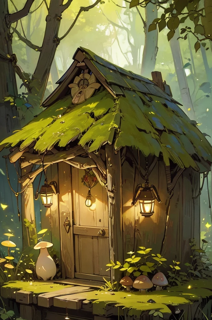 a beautiful rustic fairy door, intricate woodcarving, moss-covered, glowing mushrooms, fireflies, fairy lights, warm lighting, fantasy landscape, lush foliage, (best quality,4k,highres,masterpiece:1.2),ultra-detailed,concept art, vibrant colors, magical atmosphere