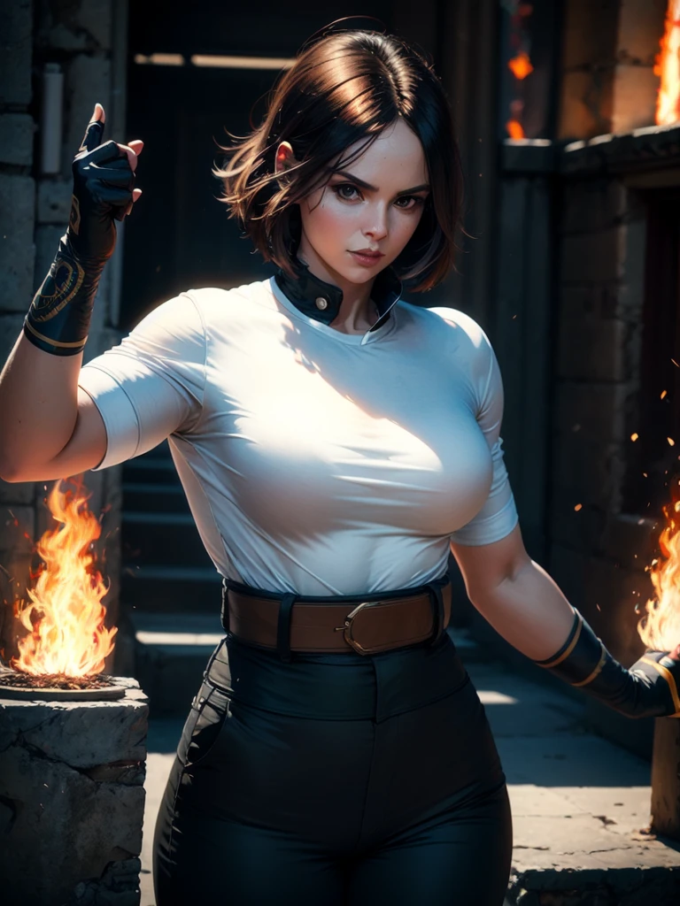 30-year-old woman, alone, alone, athletic, dark hair, white band on her forehead, white shirt, open black jacket, black hip-length pants, thin brown belt, wears black fingerless gloves that cover almost all of her forearm, serious look looking at viewer, fire coming out of his hand, cinematic, ultra sharp focus, award winning photography, perfect contrast, high sharpness, depth of field, ultra detailed photography, global illumination, fluid, ultra high definition, 8k, Unreal Engine 5, ultra-sharp focus, award-winning photography, art season trends,
