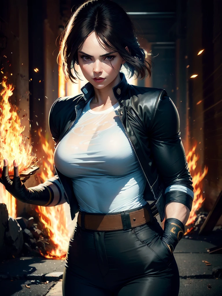 30-year-old woman, alone, alone, athletic, dark hair, white band on her forehead, white shirt, open black jacket, black hip-length pants, thin brown belt, wears black fingerless gloves that cover almost all of her forearm, serious look looking at viewer, fire coming out of his hand, cinematic, ultra sharp focus, award winning photography, perfect contrast, high sharpness, depth of field, ultra detailed photography, global illumination, fluid, ultra high definition, 8k, Unreal Engine 5, ultra-sharp focus, award-winning photography, art season trends,
