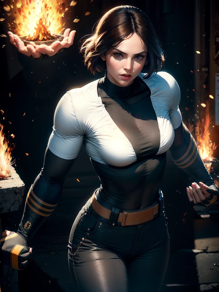 30-year-old woman, alone, alone, athletic, dark hair, white band on her forehead, white shirt, open black jacket, black hip-length pants, thin brown belt, wears black fingerless gloves that cover almost all of her forearm, serious look looking at viewer, fire coming out of his hand, cinematic, ultra sharp focus, award winning photography, perfect contrast, high sharpness, depth of field, ultra detailed photography, global illumination, fluid, ultra high definition, 8k, Unreal Engine 5, ultra-sharp focus, award-winning photography, art season trends,
