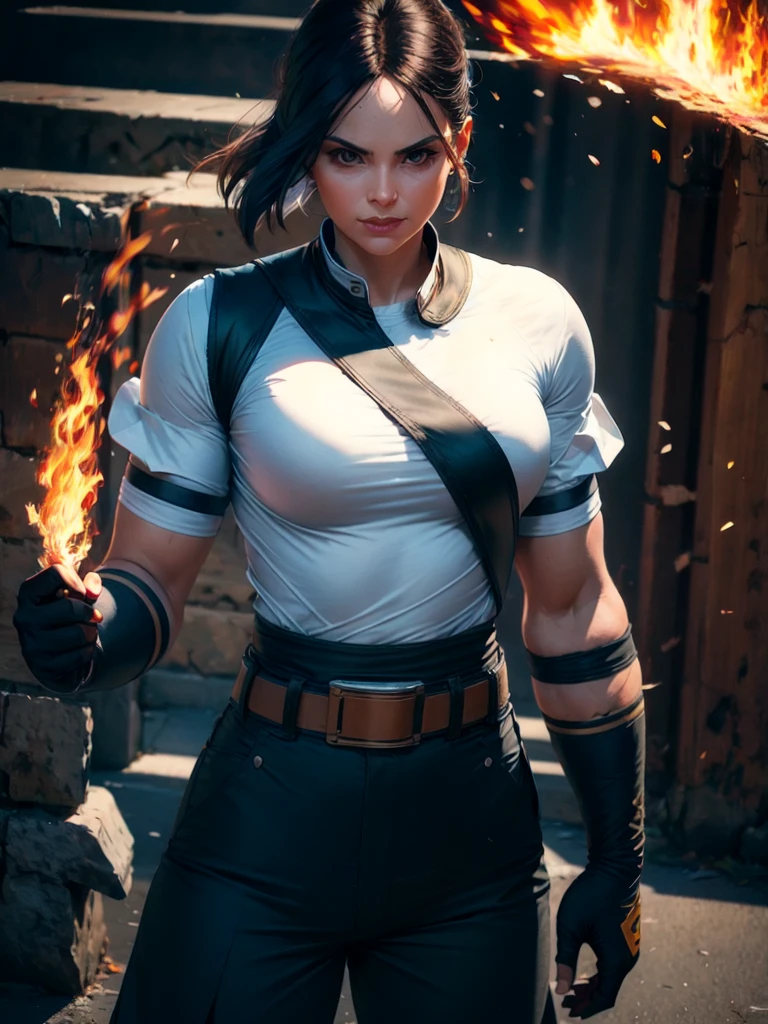 30-year-old woman, alone, alone, athletic, dark hair, white band on her forehead, white short-sleeved shirt, black open short-sleeved jacket, black hip-length pants, thin brown belt, wears black fingerless gloves covering almost his entire forearm, serious look looking at the viewer, fire coming out of his hand, cinematic, ultra sharp focus, award-winning photography, perfect contrast, high sharpness, depth of field, ultra detailed photography, global illumination, fluid, ultra high definition , 8k, Unreal Engine 5, ultra-sharp focus, award-winning photography, art season trends,
