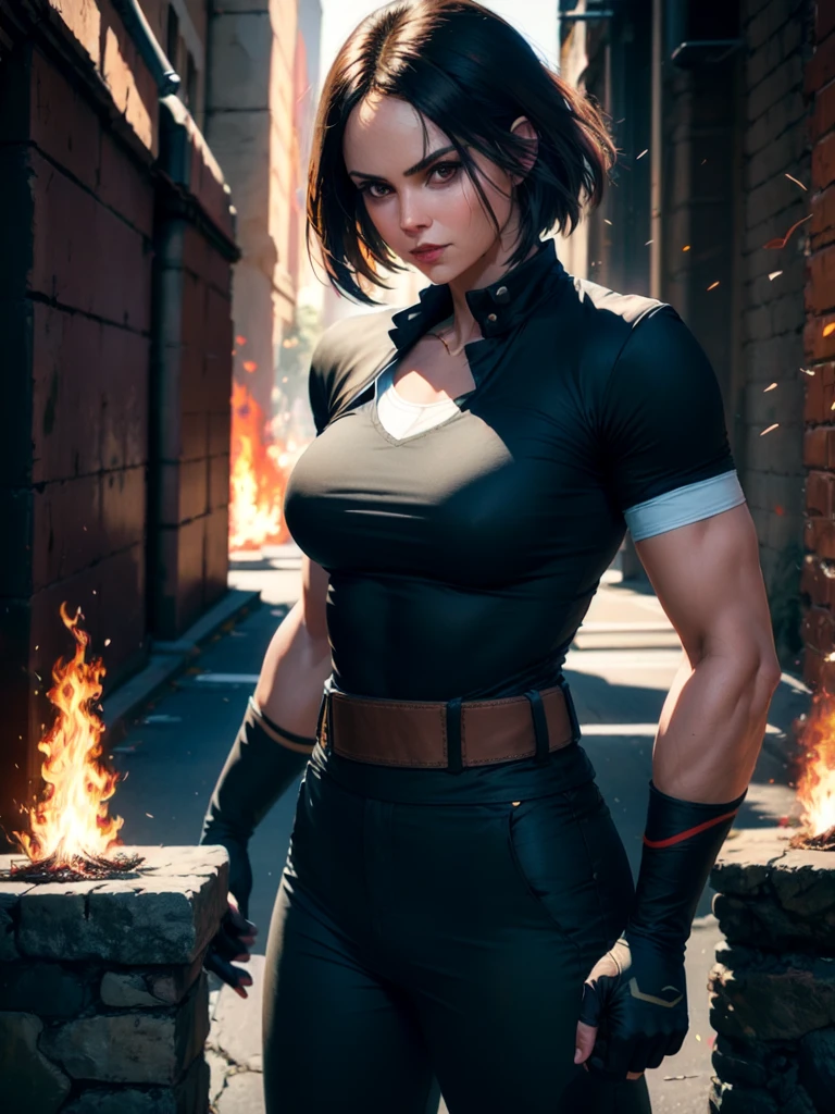 30-year-old woman, alone, alone, athletic, dark hair, white band on her forehead, white short-sleeved shirt, black open short-sleeved jacket, black hip-length pants, thin brown belt, wears black fingerless gloves covering almost his entire forearm, serious look looking at the viewer, fire coming out of his hand, cinematic, ultra sharp focus, award-winning photography, perfect contrast, high sharpness, depth of field, ultra detailed photography, global illumination, fluid, ultra high definition , 8k, Unreal Engine 5, ultra-sharp focus, award-winning photography, art season trends,
